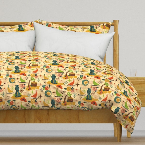 Mid Century Bedding - Mid Mod Tiki  by liz_sawyer_design - Hawaiian Tiki Retro Cotton Sateen Duvet Cover OR Pillow Shams by Spoonflower