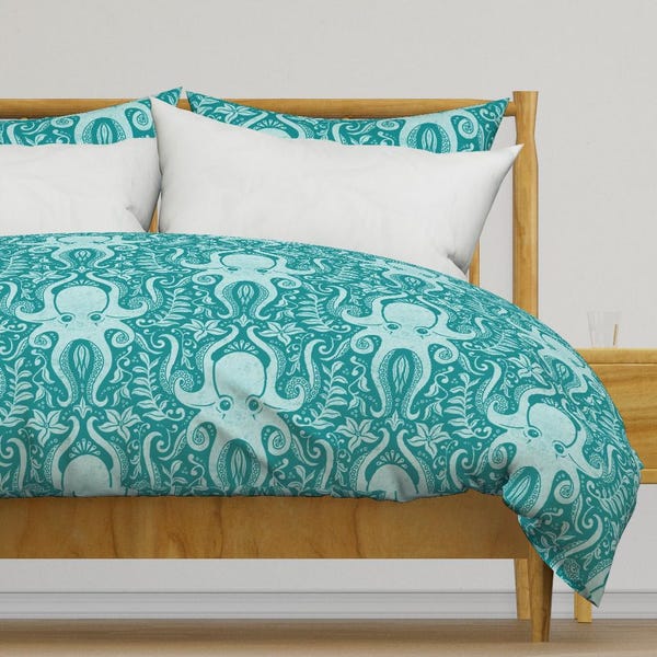 Teal Octopi Bedding - Octopus Damask by allieleigh - Coastal Beach House Whimsical Cotton Sateen Duvet Cover OR Pillow Shams by Spoonflower