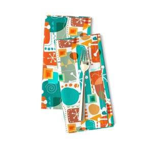 Mid Century Modern Starburst Cloth Napkins Set, Retro Teal, Orange Cocktail Table Linens