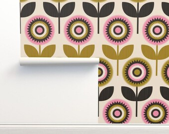 Tapeta retro bez kleju Kwiaty Skandynawskie Różowe I Czarne Mcm - Jumbo Scandi Floral od Carey_copeland Tapeta w podwójnej rolce od Spoonflower