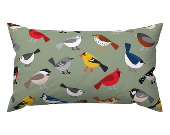 Birds Accent Pillow - Busy Bird Feeder by shinyhappyworld - Cardinal Finch Robin Sparrow Nature Rectangle Lumbar Throw Pillow by Spoonflower