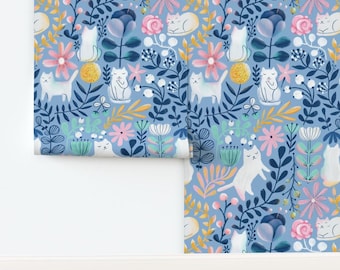 Cat Floral Non-Pasted Wallpaper Floral Cat Spring Summer Hand Drawn Cats Botanical - Spring-cats by kostolom3000 Wallpaper by Spoonflower