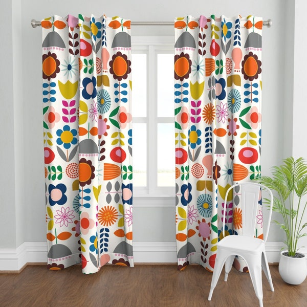 Scandi Floral Curtain Panel - Scandi Garden by katerhees - Mod Floral Scandi Flowers Bright Bold Vibrant Custom Curtain Panel by Spoonflower