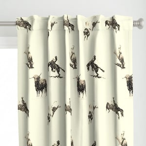 Rodeo Curtain Panel - Ride&#39;m Cowboy Toile by redmares - Sepia Toned Old West Horse Bronco Western Rustic Custom Curtain Panel by Spoonflower