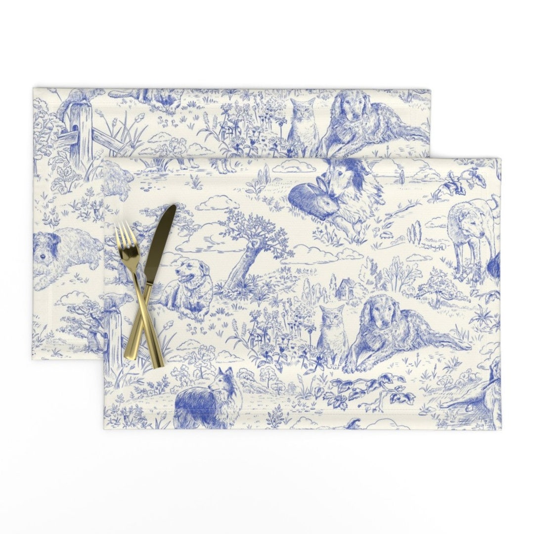 Blue Toile Placemats set of 2 Country Dogs Toile by Vinpauld Country