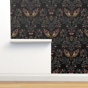 Death Head Moth Commercial Grade Wallpaper - Death Head Damask by lu_repeating - Gothic Black Green Wallpaper Double Roll by Spoonflower