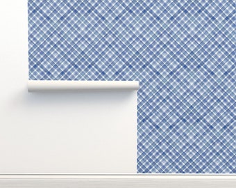 Blue Plaid Non-Pasted Wallpaper Traditional Check Watercolor - Watercolor Blue Plaid by olgersart Wallpaper Double Roll by Spoonflower