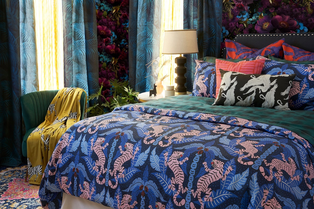 Maximalist Tiger Cotton Bedding Collection Jungle Jewel Tones Bold