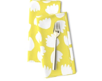 Mod Flowers Dinner Napkins (Set of 2) - White Flora On Yellow by nadinewestcott - Whimsical Floral 8" Repeat Cloth Napkins by Spoonflower