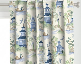 Tea House Curtain Panel - Chinoiserie Pagoda by barbarapixton - Willow Tree Vintage Inspired Green Blue Custom Curtain Panel by Spoonflower