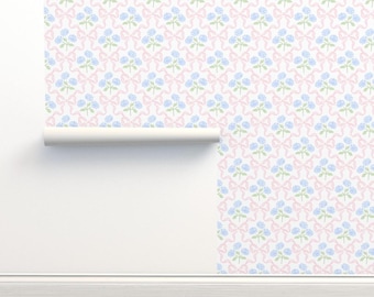 Preppy Bow Floral Non-Pasted Wallpaper Delicate Feminine - Blue Hydrangea Bouquet by prettyfestive Wallpaper Double Roll by Spoonflower