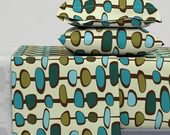 Mid Century Modern Sheets - Baubles Teal by studiofibonacci - Vintage Retro Geometric 1950s Cotton Sateen Sheet Set Bedding by Spoonflower