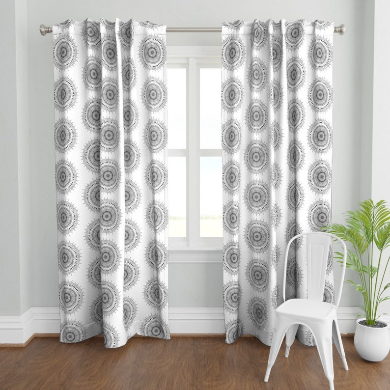 Black Mandala by mrshervi Farmhouse Minimalism Tree Ring Black And White Custom Curtain Panel by Spoonflower Bohemian Curtain Panel