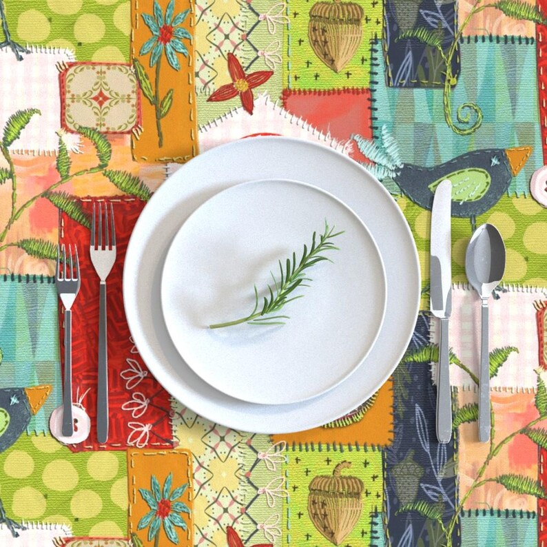 Farm Patchwork Tablecloth Mending Day by Jennifergeldard Birds Blue