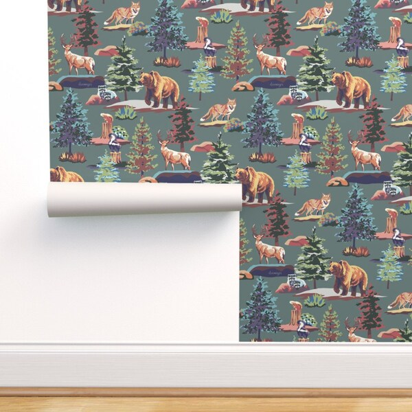 Pine Forest Commercial Grade Wallpaper - Rocky Woodland by diseminger - Woodland Creatures Rustic Cabin Wallpaper Double Roll by Spoonflower