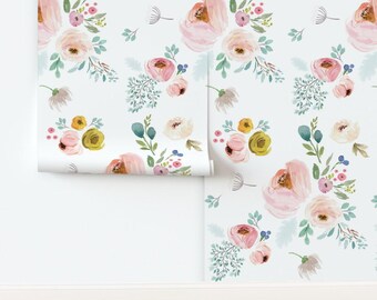 Boho Floral Non-Pasted Wallpaper Watercolor Roses Garden Botanical Girl Nursery - 18" April In Love by shopcabin Wallpaper by Spoonflower