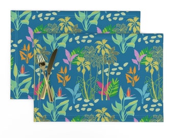 Palm Trees Placemats (Set of 2) - Palms & Bird Of Paradise by limezinniasdesign - Tropical Floral Beach Ferns Cloth Placemats by Spoonflower