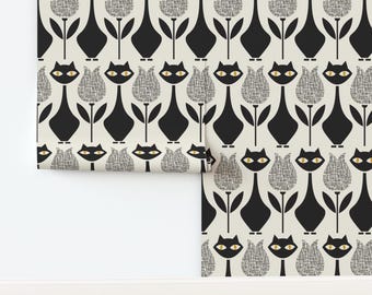 Whimsigothic Non-Pasted Wallpaper Goth Monochrome Cat Flowers Black Cat - Black Cats And Tulips by katerhees Wallpaper by Spoonflower