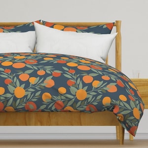 Citrus Bedding - Navy Tangerine Jumbo by indybloomdesign - Summer Fruit Oranges Cotton Sateen Duvet Cover OR Pillow Shams by Spoonflower