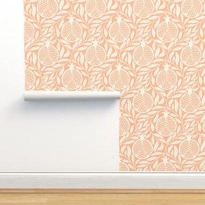 Art Nouveau Fruit Non-Pasted Wallpaper - Pomegranates Peach by tanglewilddesign - Modern Boho Orange Wallpaper Double Roll by Spoonflower