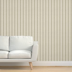 Ticking Stripes Textured Grasscloth Wallpaper - Dark Sage On Cream by littlearrowdecor - Classic Striped Natural Sisal Wallpaper Spoonflower