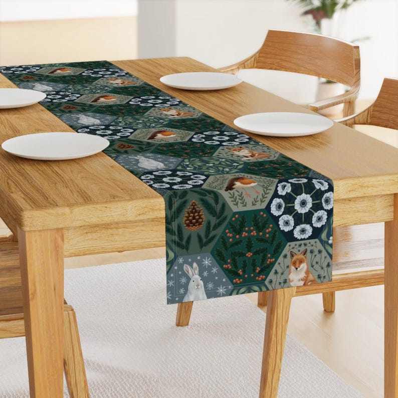 Winter Patchwork Table Runner - Forest Floral Berries Woodland Rabbit Cotton Sateen Table Runner - Winter Large by hope_olivia_illustrations image 2