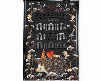 2026 Calendar Tea Towel - Forest Hedgehog by potyautas - Woodland Hedgehog Painted Forest Linen Cotton Canvas Tea Towel by Spoonflower