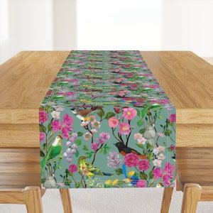 Chinoiserie Table Runner - Birds Chinoiserie Duck Egg by ceciliamok - Garden Australian Birds Cotton Sateen Table Runner by Spoonflower