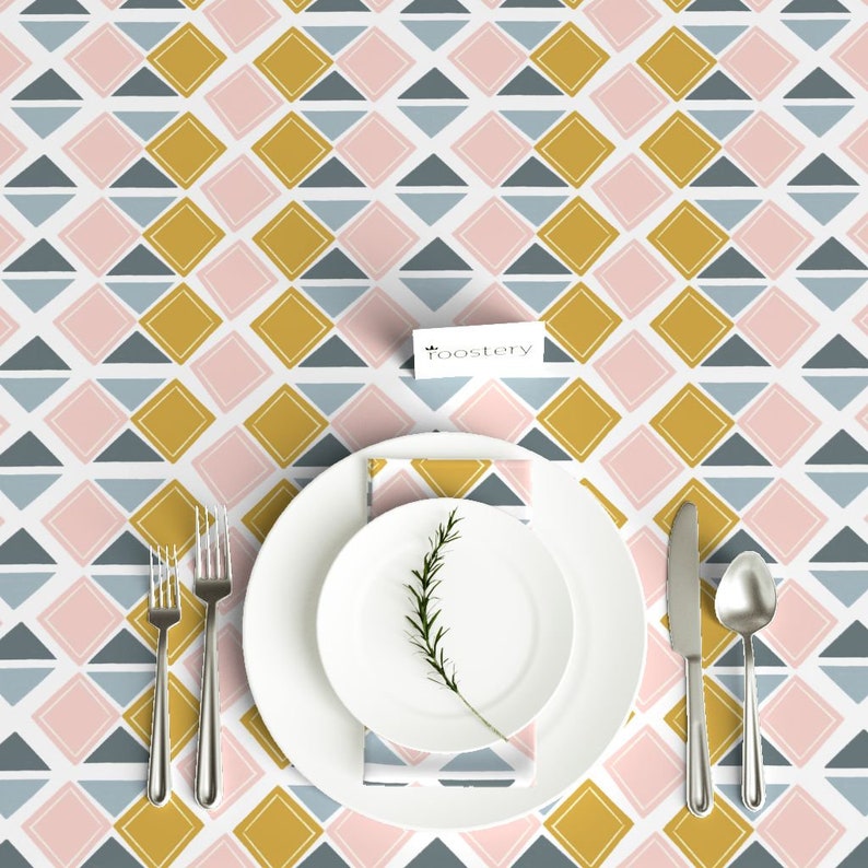 Garden by fineapple/_pair Blush Triangles Tablecloth Mustard Geometric Cotton Sateen Tablecloth by Spoonflower