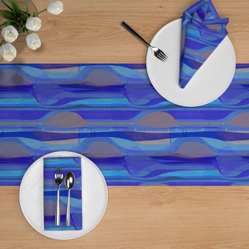 Mid Century Modern Plateau Cotton Sateen Table Runner by Spoonflower Midcentury cobalt Blue by wren/_leyland Abstract Ogee Table Runner