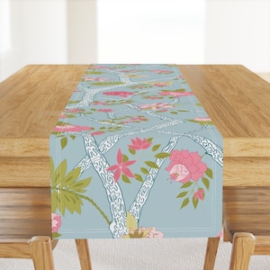 Blue Preppy Floral Table Runner - Peony Branch Blue by danika_herrick - Blue Pink Green Cotton Sateen Table Runner by Spoonflower
