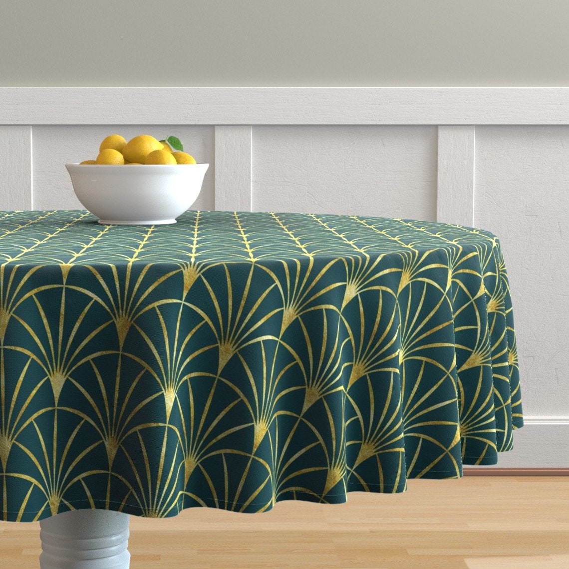 Green Gold Fans Round Tablecloth Art Deco Emerald by Etsy