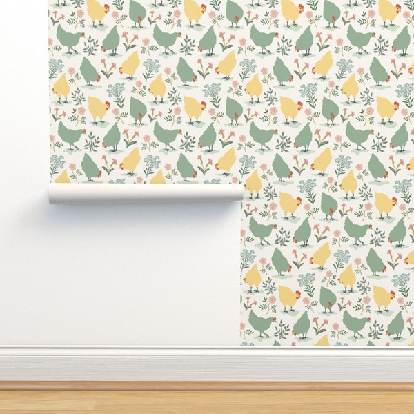 Spring Chickens Commercial Grade Wallpaper - Country Hens by thatpolymath_shellym - Yellow Green Hens Wallpaper Double Roll by Spoonflower