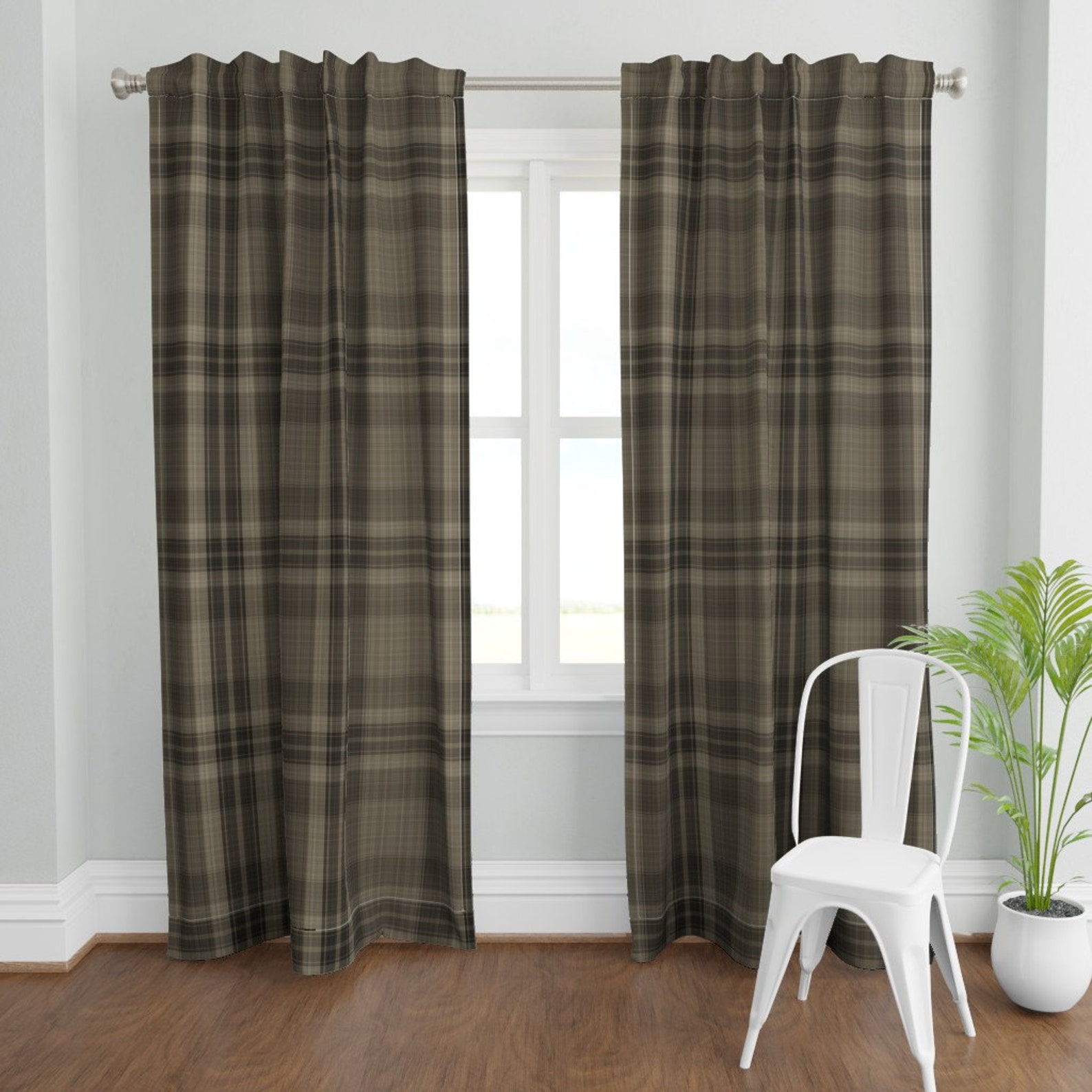 Rustic Brown Plaid Curtain Panel - Masculine Tartan Check Neutral Tones