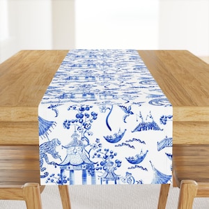 Chinoiserie Table Runner - Watercolor Chinoiserie  by pattern_garden - Watercolor Royal Blue White Cotton Sateen Table Runner by Spoonflower