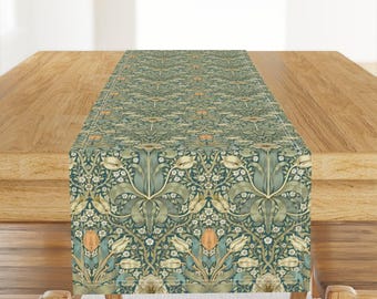 May include: A rectangular table runner featuring a repeating botanical pattern of cream-colored tulips, sage green leaves, and small white flowers set against a dark teal background, finished with a thin white border along the edges.