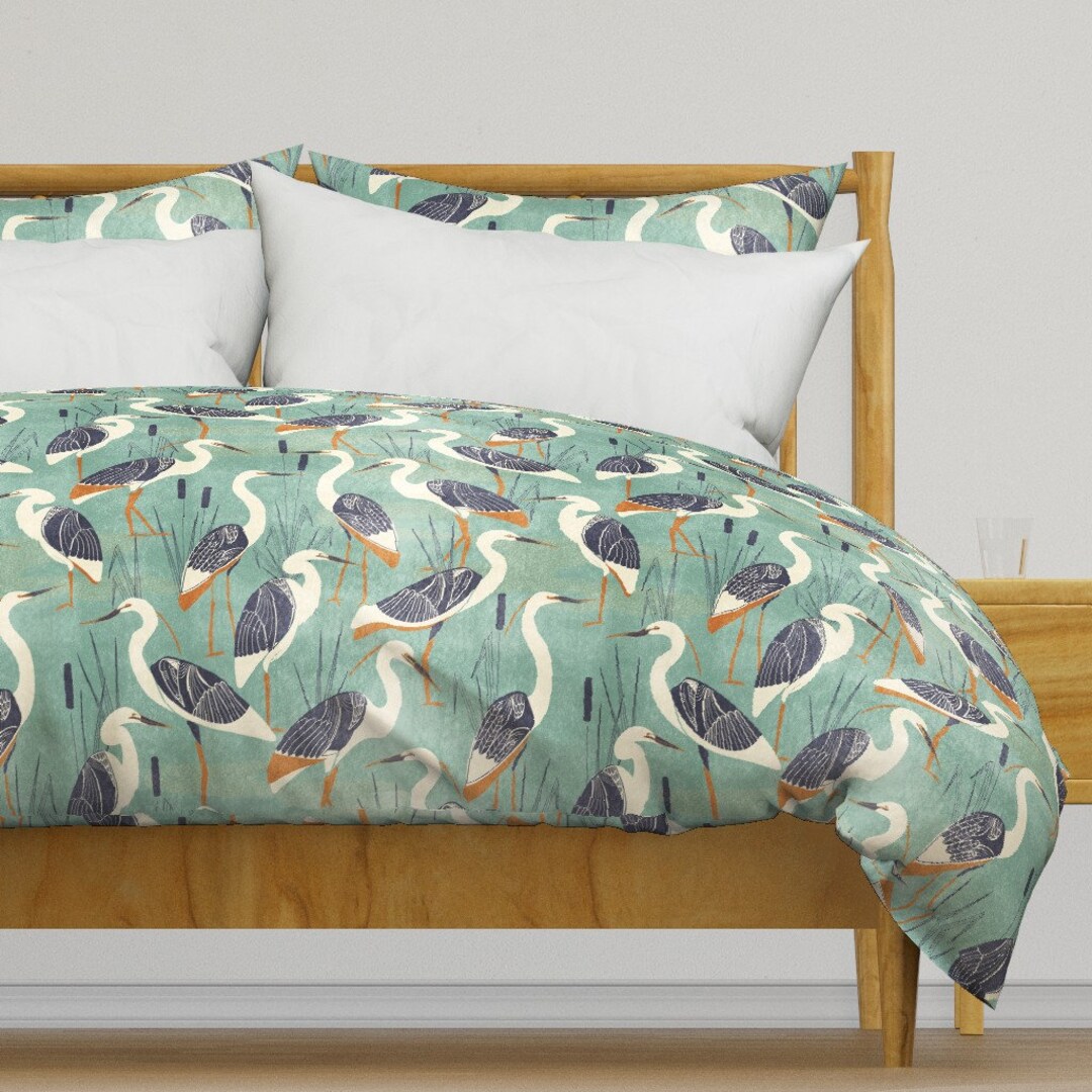 Birds Duvet Cover Art Deco Great Egret by Booboo_collective Cranes Heron Nature Marsh Cotton