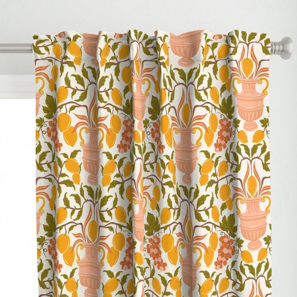 Floral Curtain Panel - Villa Roma  by heatherdutton -  Pink Fruit Damask Lemons Italian Botanical Vases Custom Curtain Panel by Spoonflower