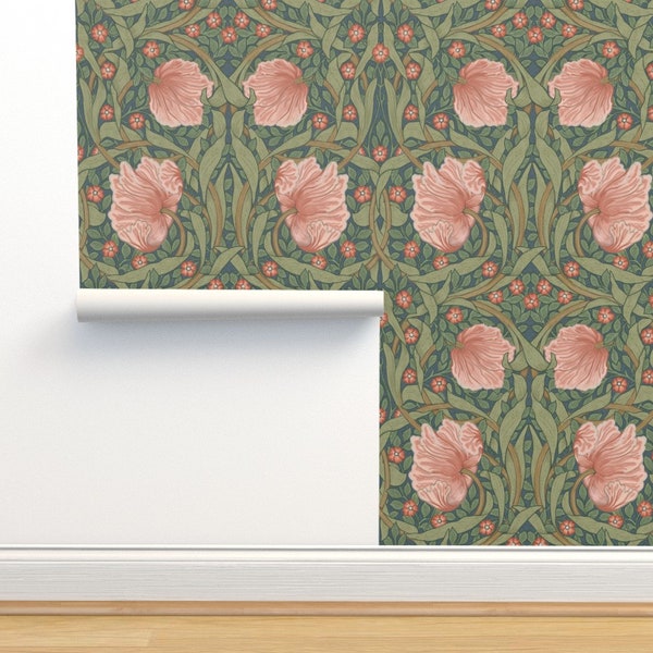 Pink Victorian Flora Commercial Grade Wallpaper - Pimpernel Nouveau  by chantal_pare - Green Botanical Wallpaper Double Roll by Spoonflower