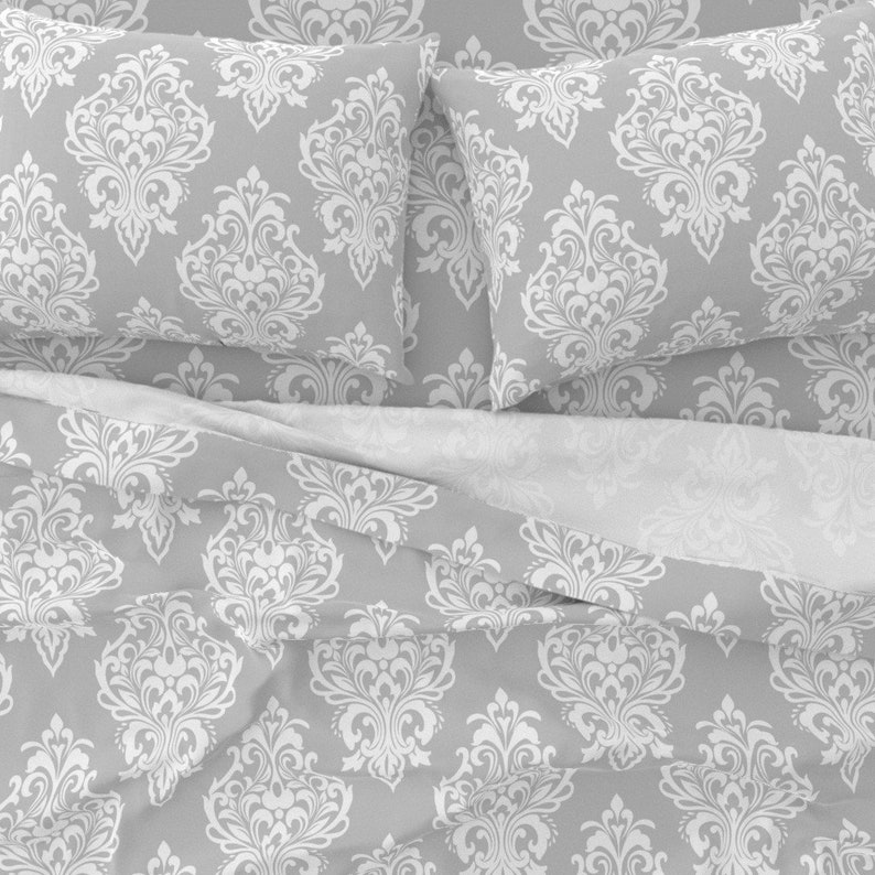 White Sheets Modern Damask by ciel/_bleu/_design Gray Antique Traditional Classic Silver Cotton Sateen Sheet Set Bedding by Spoonflower
