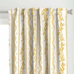 Yellow Floral Stripe Curtain Panel - Marigold On White Stripe by danika_herrick - Folk Art Style  Custom Curtain Panel by Spoonflower
