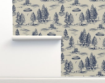 Alien Toile vliesbehang Outer Space Kampeertent - Alien Abduction Toile van somecallmebeth Wallpaper Double Roll van Spoonflower