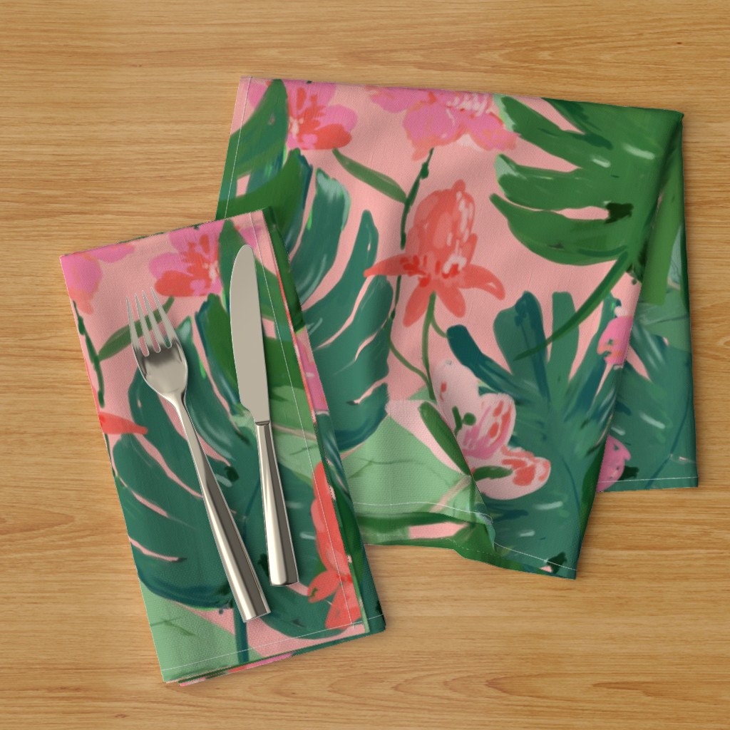 Tropical Foliage Dinner Napkins Set of 2 Floral Coral & Etsy