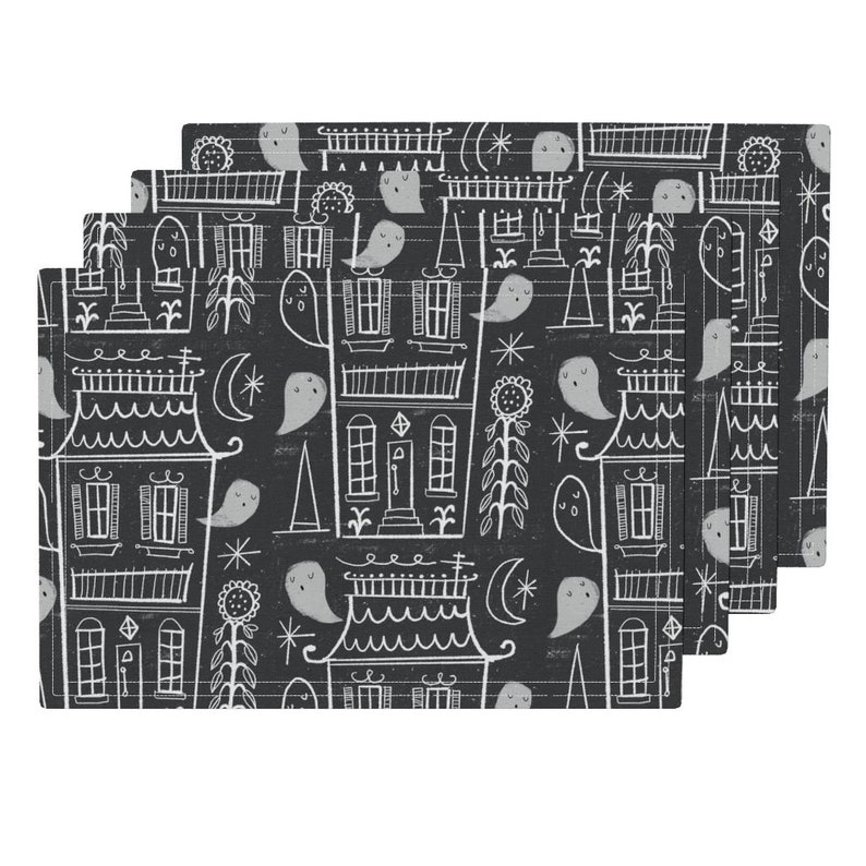 Vintage Style Cloth Placemats by Spoonflower Set of 4 Halloween Placemats - Haunted Houses by anda
