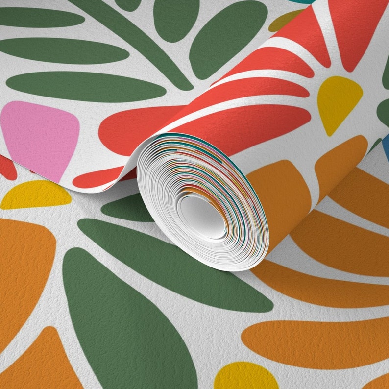 Psychedelic Floral Non-Pasted Wallpaper Retro 1960s Pink Botanical - Maximalism Folk by jenflorentine Wallpaper Double Roll by Spoonflower image 4