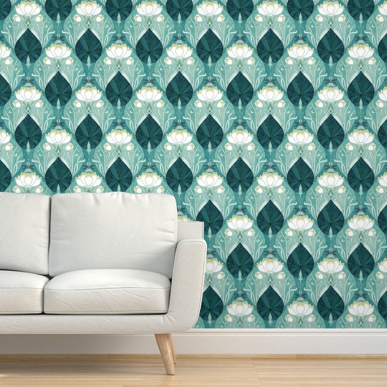Art Nouveau Commercial Grade Wallpaper Teal Waterlily by Etsy