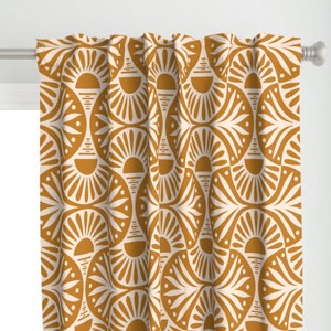 Sunset And Leaves Curtain Panel - Art Deco Mustard by de_koro - Scallops Geometric Sunset Tropical Boho Custom Curtain Panel by Spoonflower