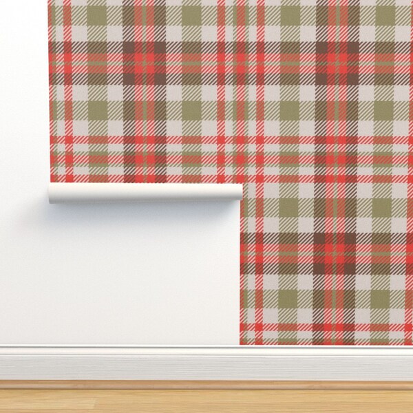 Red Green Tartan Commercial Grade Wallpaper - Four Windows Plaid by eclectic_house - Rustic Autumn Wallpaper Double Roll by Spoonflower