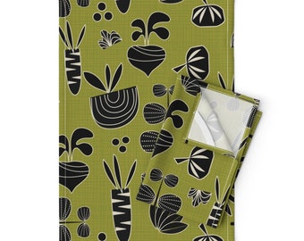 Mid Century Modern Tea Towels (Set of 2) - Mod Veggies And Herbs by mirimo_design - Olive Green  Linen Cotton Tea Towels by Spoonflower