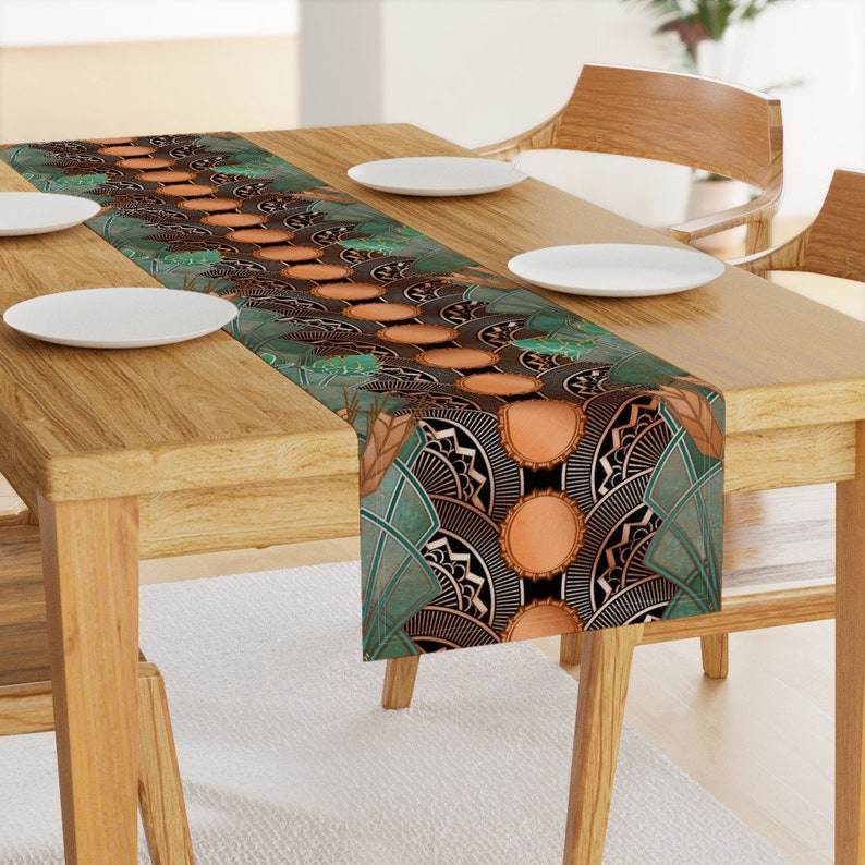 Art Deco Table Runner - Faux Copper Patina Bottlecaps Verdigris Cotton Sateen Table Runner - Deco Hops And Barley by ghouk image 2